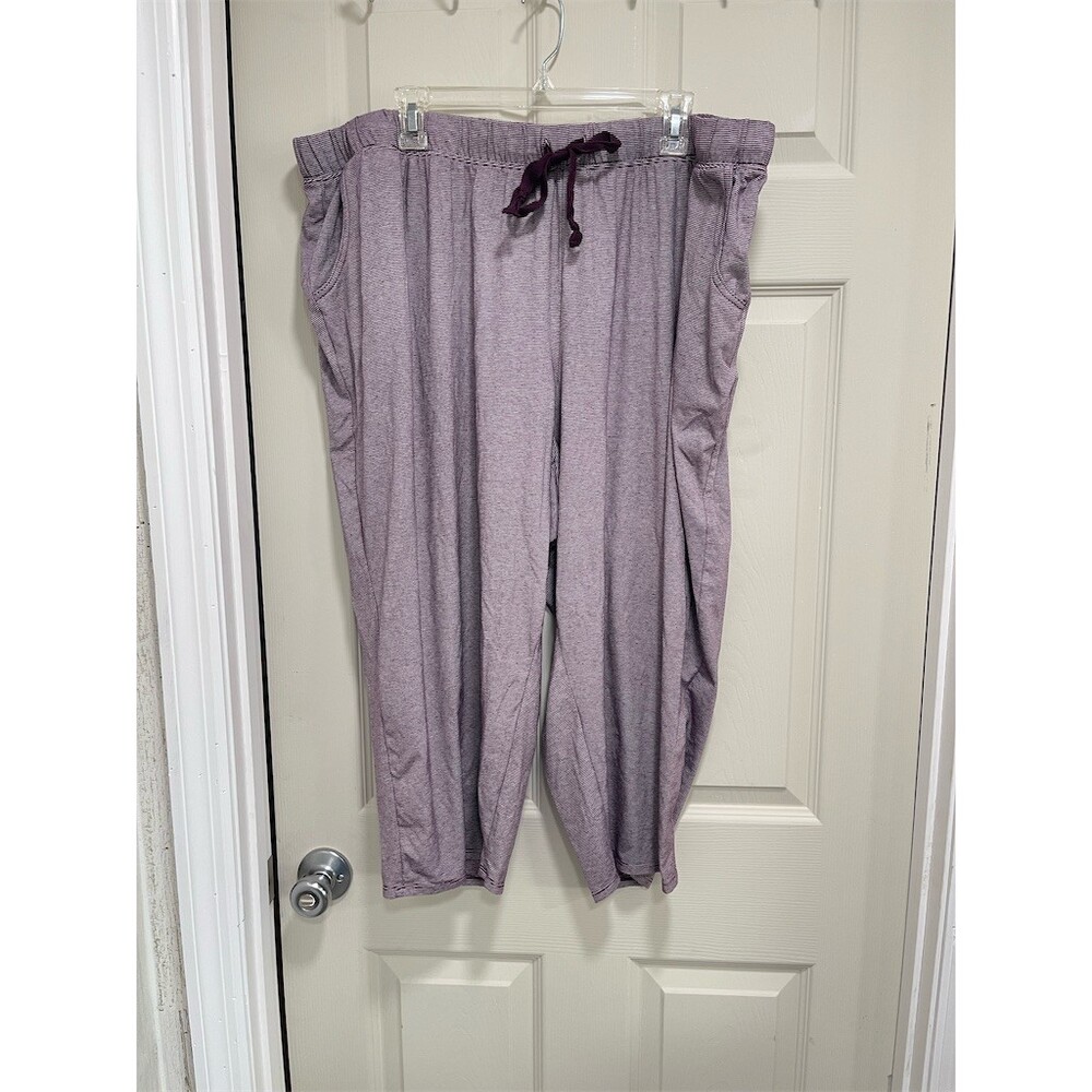 Catherines Pajama Pants Womens Plus 3XL Burgandy Striped Capri Drawstring sku664